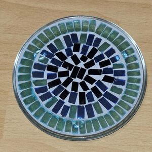 Mosaic Pillar Candle Plate 6" Green Blue Purple Glass Tiles